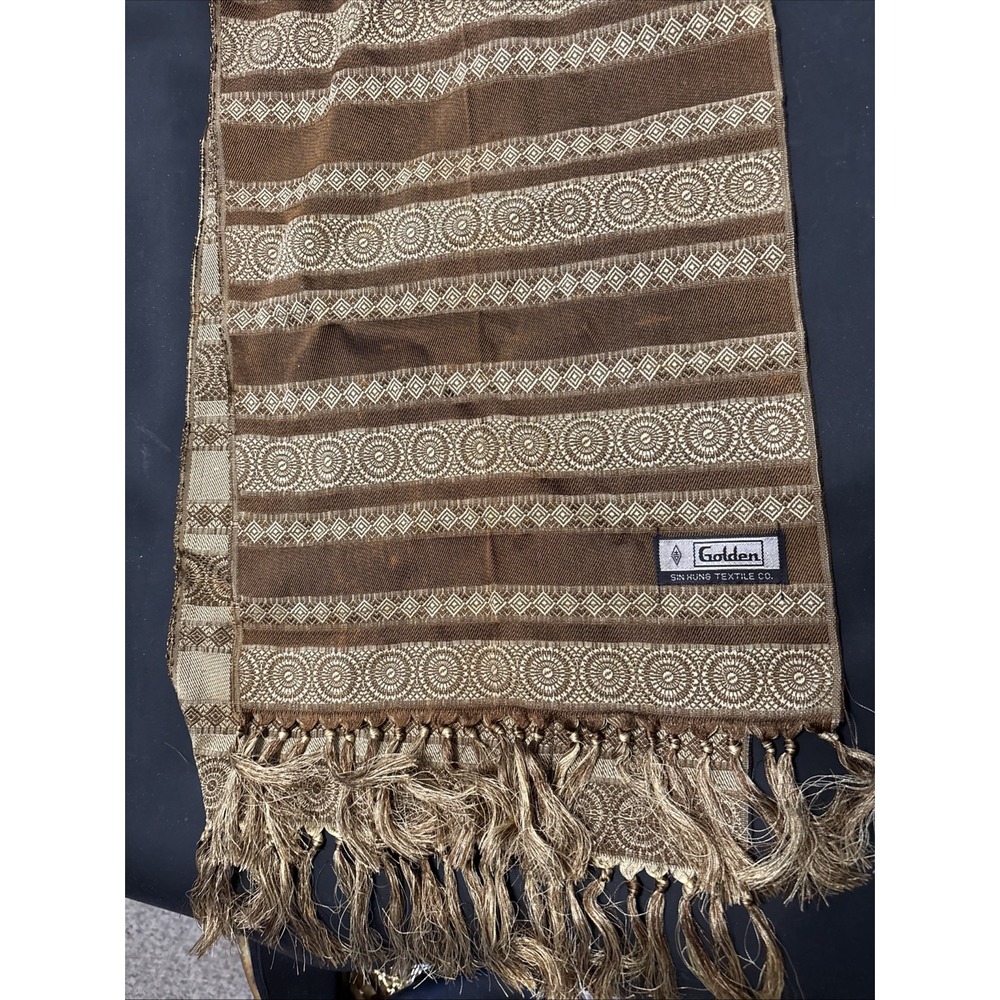 VTG Golden Sin Hung Textile Co Scarf Reversible Brown Gold Woven Fringe 47"x11"